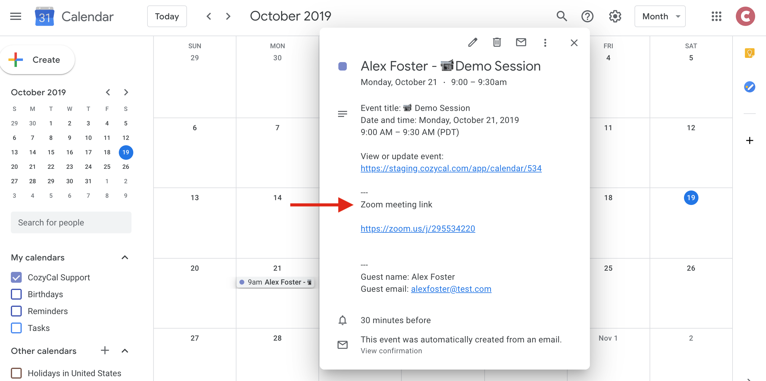 Zoom info in integrated calendar
